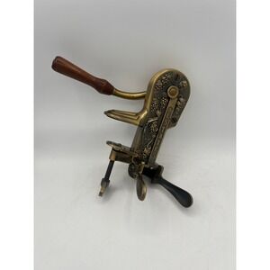 VTG Estate Brass Lever Wine Bottle Corkscrew Wood Handle Table Mount Wine Opener